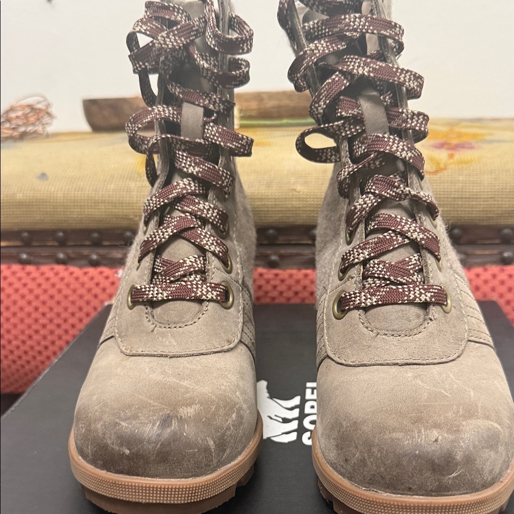 Sorel Women's Lexie Wedge boots in a khaki color.